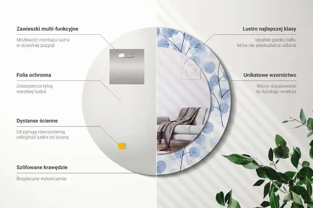 Miroir rond imprimé branches avec feuilles