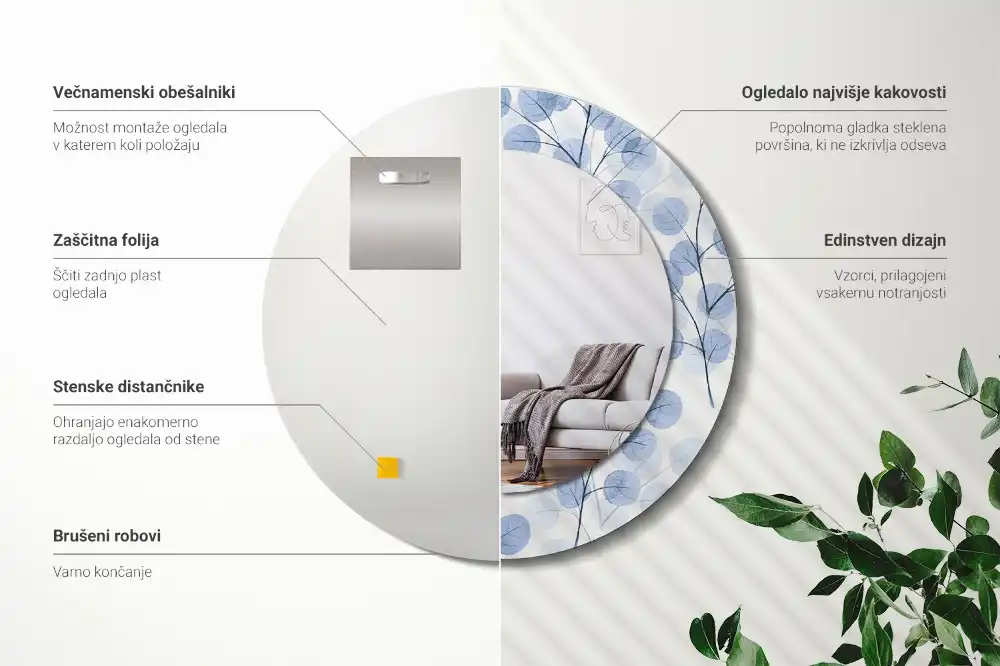 Miroir rond imprimé branches avec feuilles