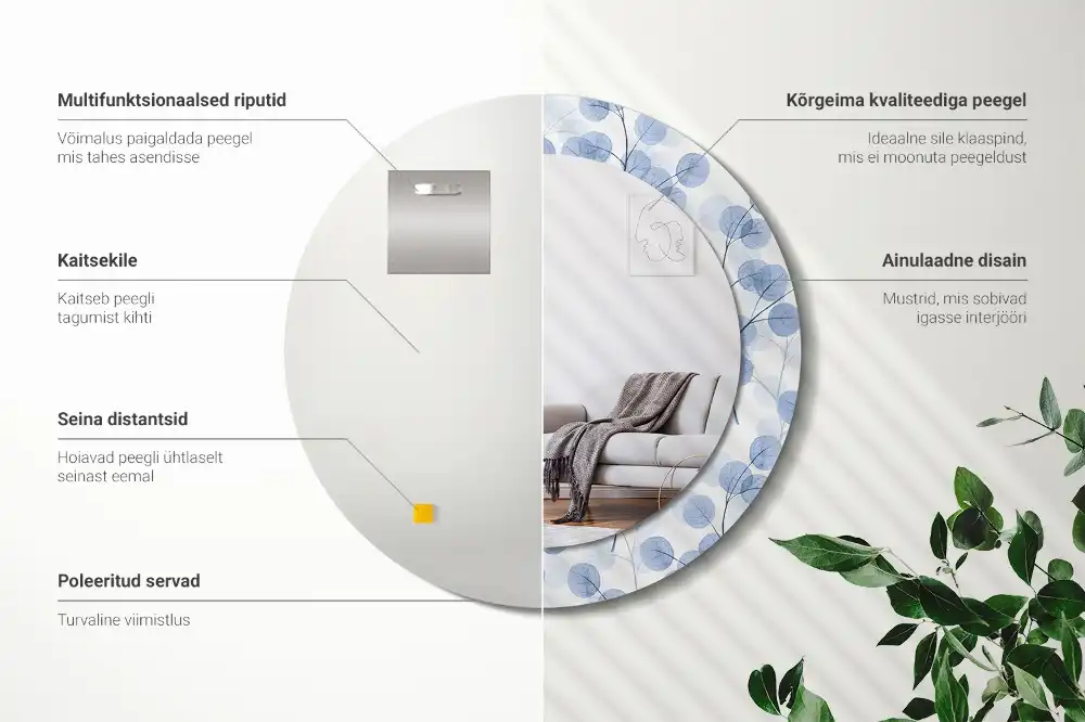 Miroir rond imprimé branches avec feuilles