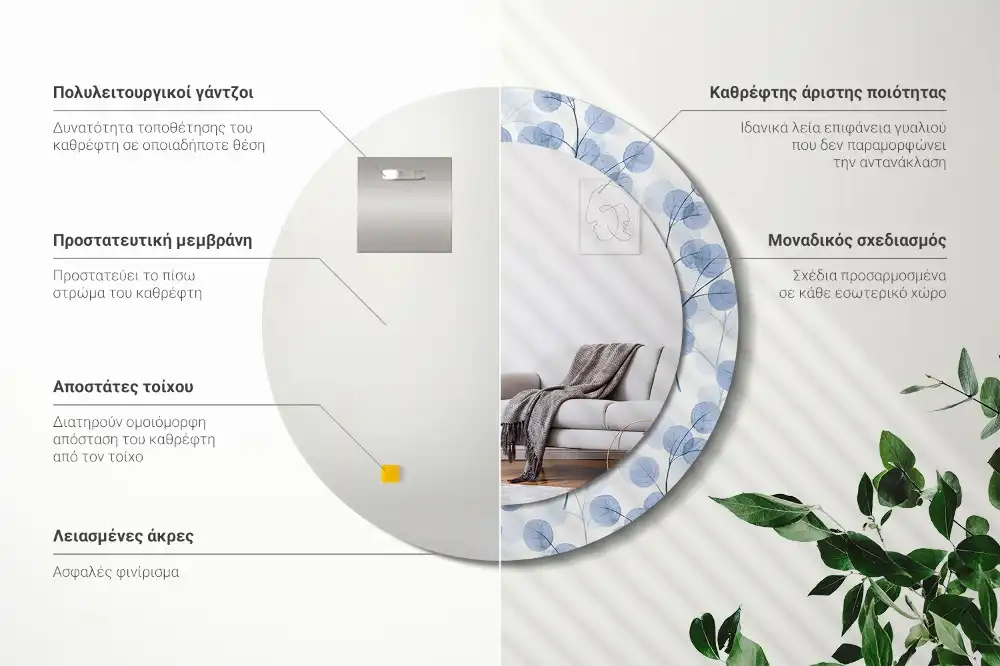 Miroir rond imprimé branches avec feuilles