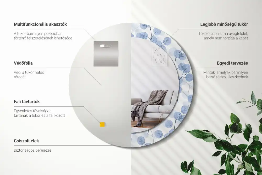 Miroir rond imprimé branches avec feuilles