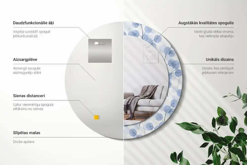 Miroir rond imprimé branches avec feuilles