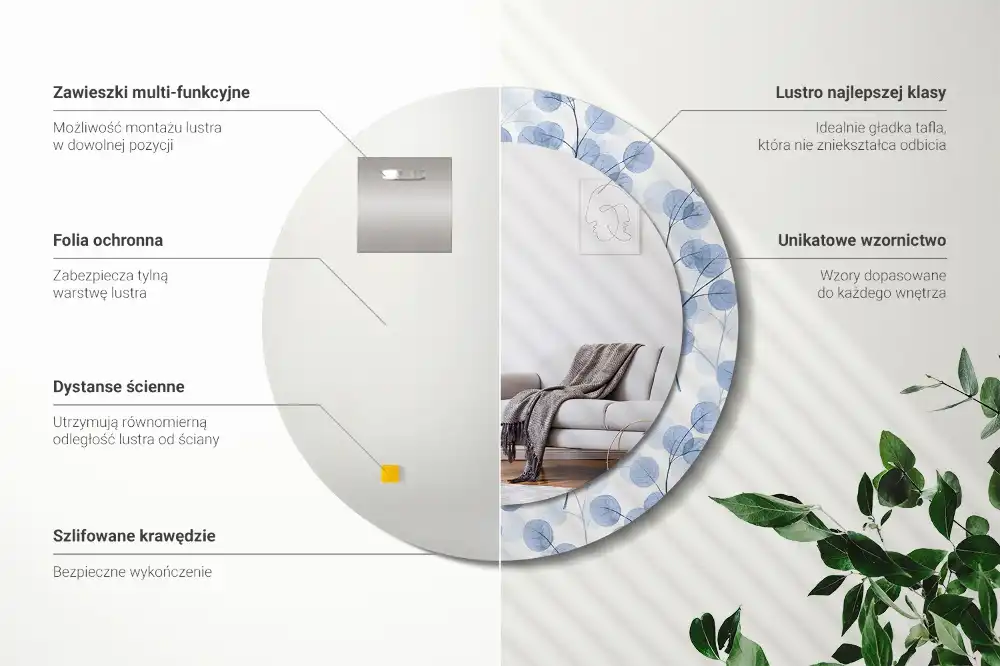 Miroir rond imprimé branches avec feuilles