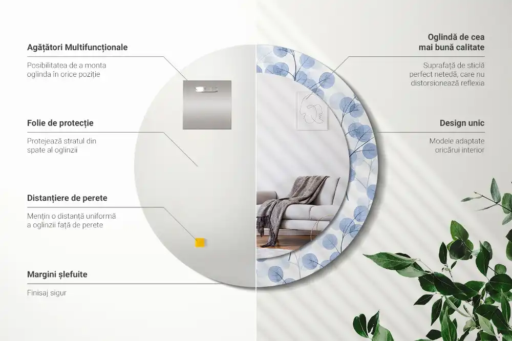 Miroir rond imprimé branches avec feuilles