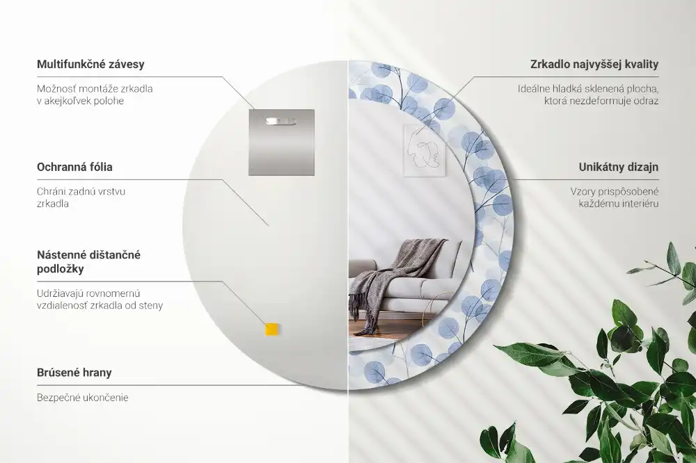 Miroir rond imprimé branches avec feuilles