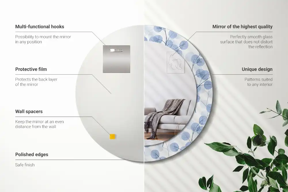 Miroir rond imprimé branches avec feuilles