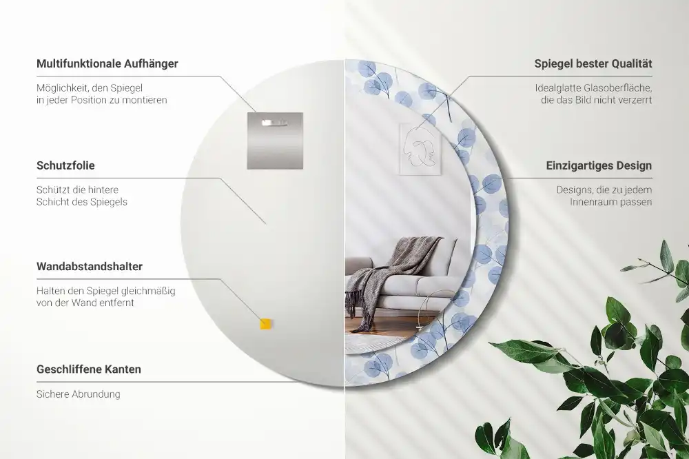 Miroir rond imprimé branches avec feuilles