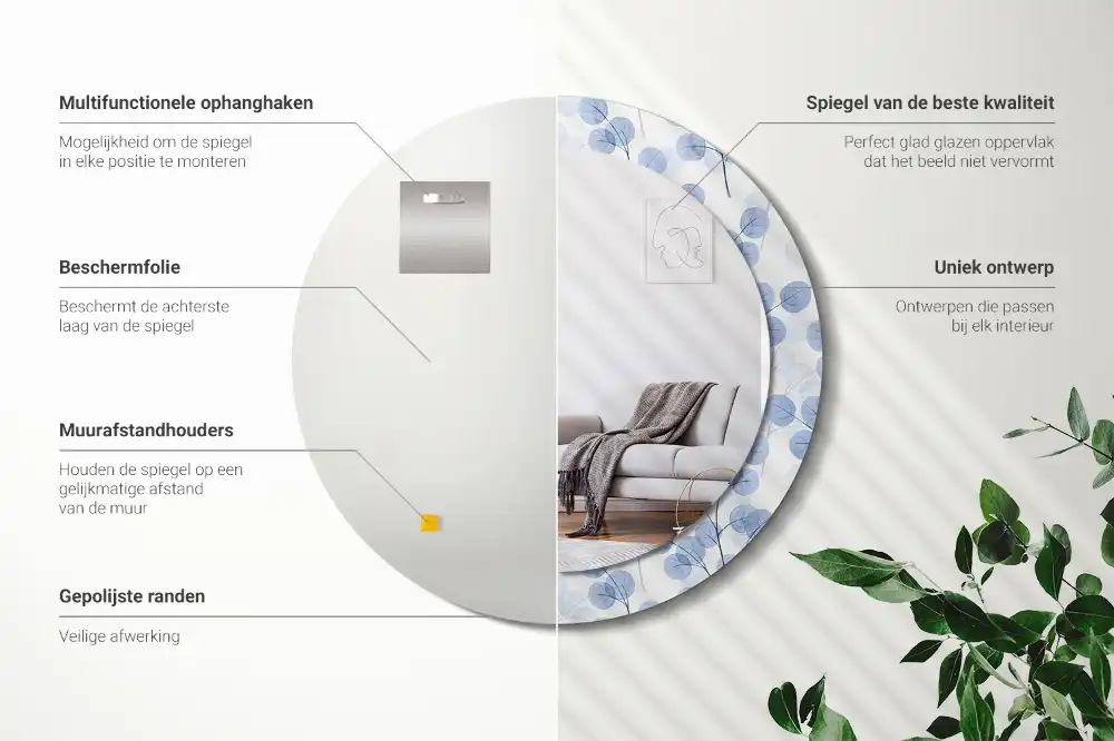 Miroir rond imprimé branches avec feuilles