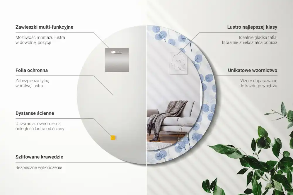Miroir rond imprimé branches avec feuilles