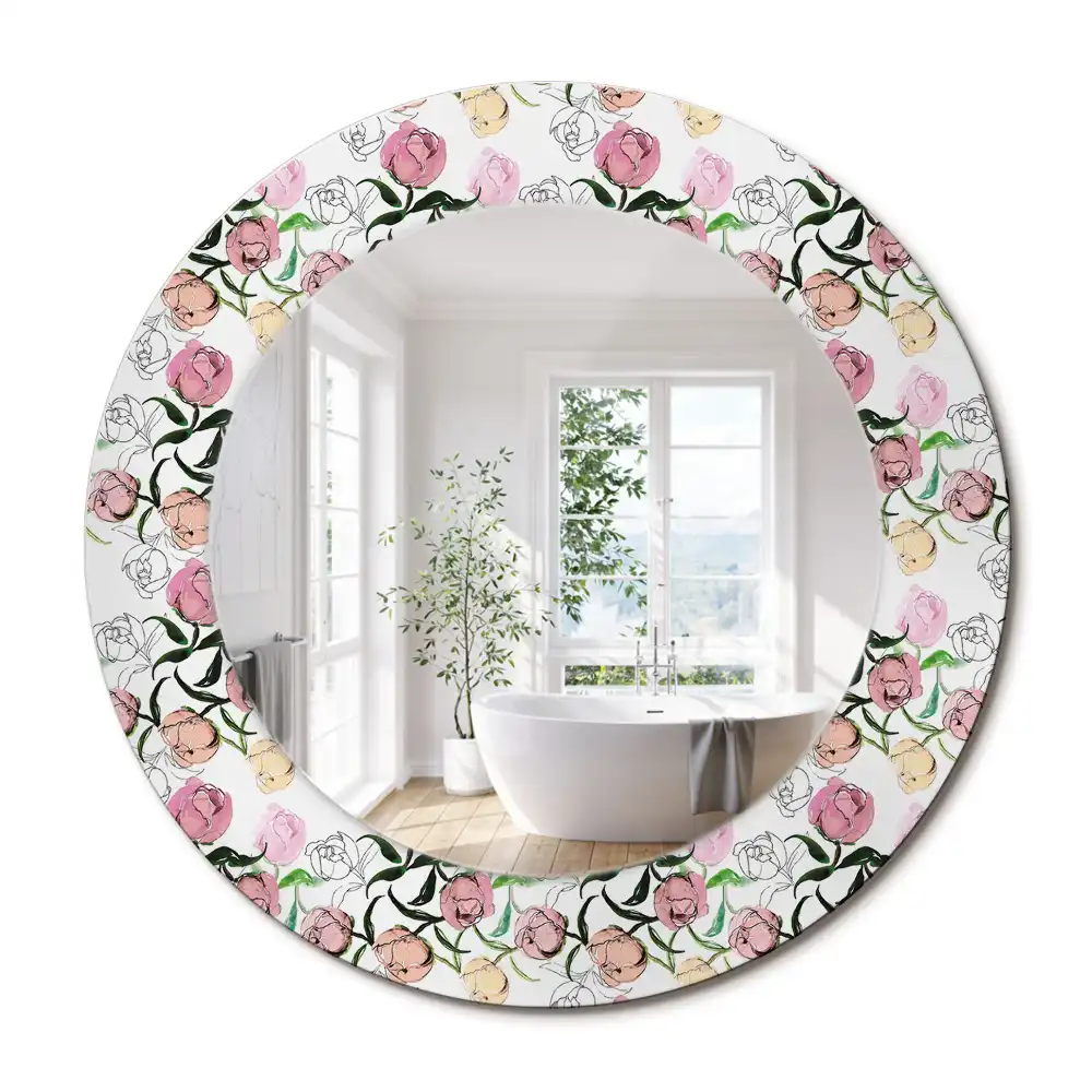 Miroir rond cadre imprimé boutons de pivoines