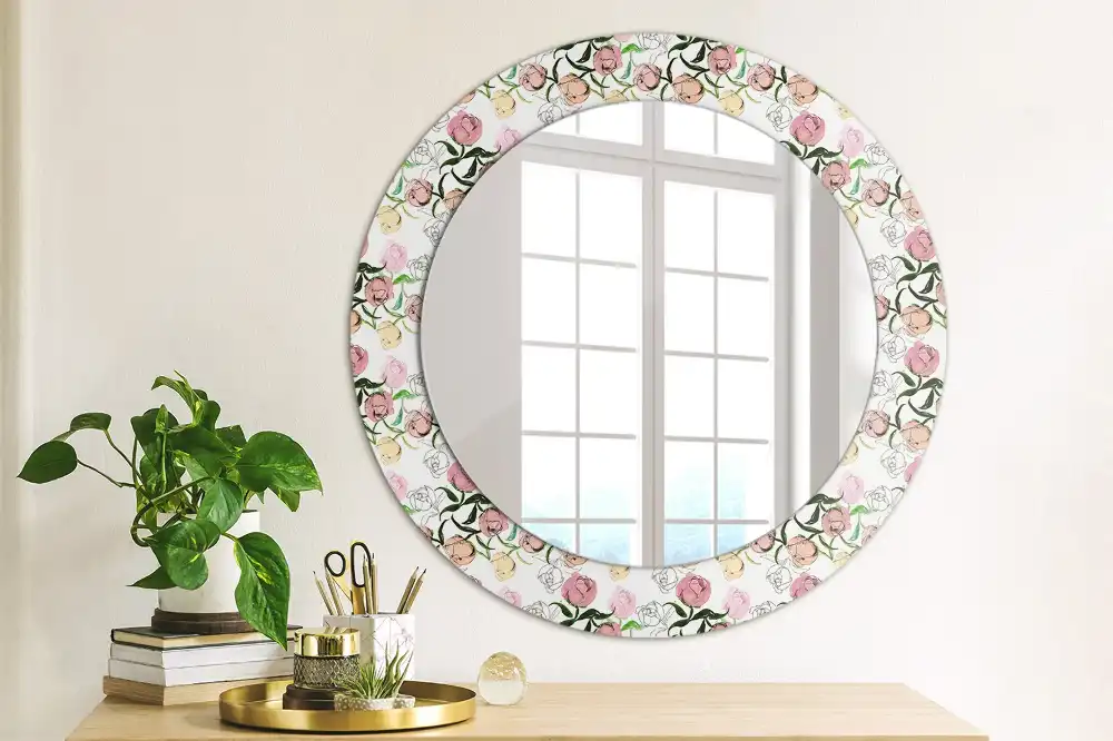 Miroir rond cadre imprimé boutons de pivoines