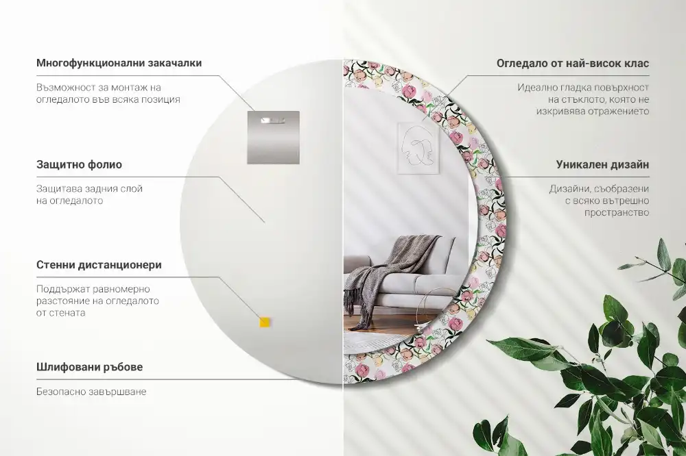 Miroir rond cadre imprimé boutons de pivoines
