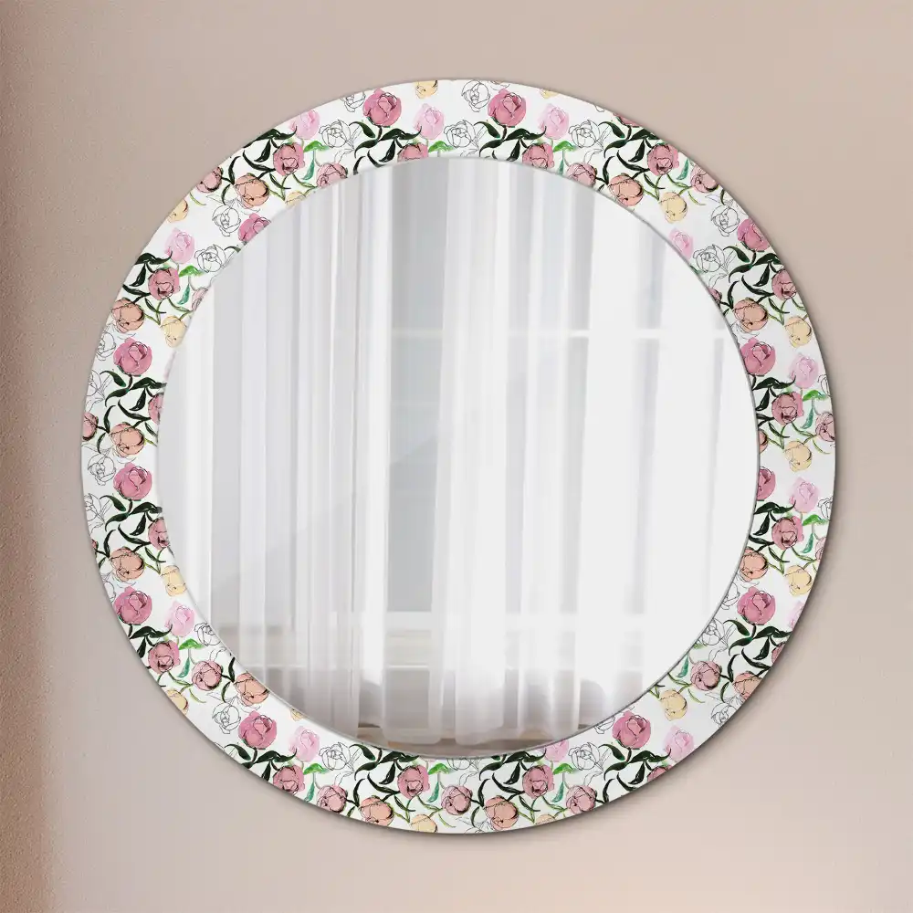 Miroir rond cadre imprimé boutons de pivoines