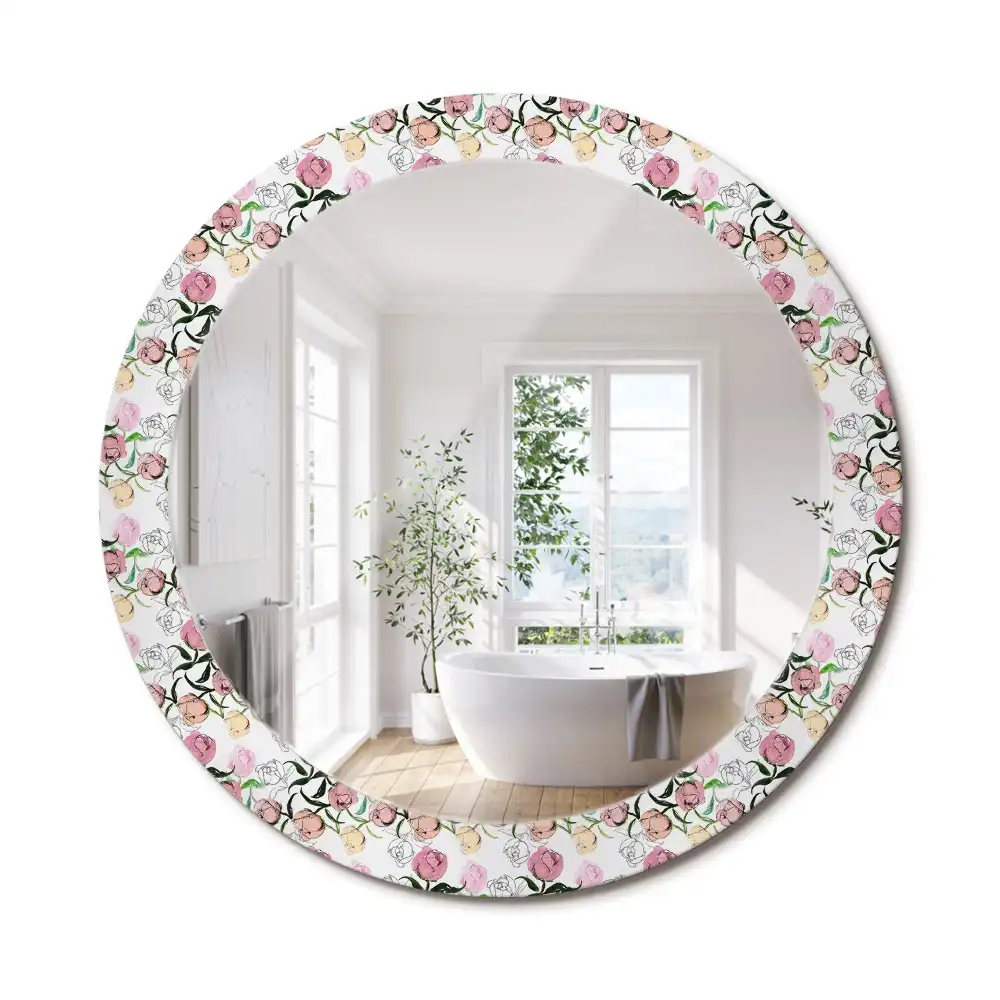 Miroir rond cadre imprimé boutons de pivoines