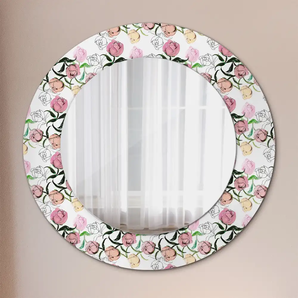 Miroir rond cadre imprimé boutons de pivoines