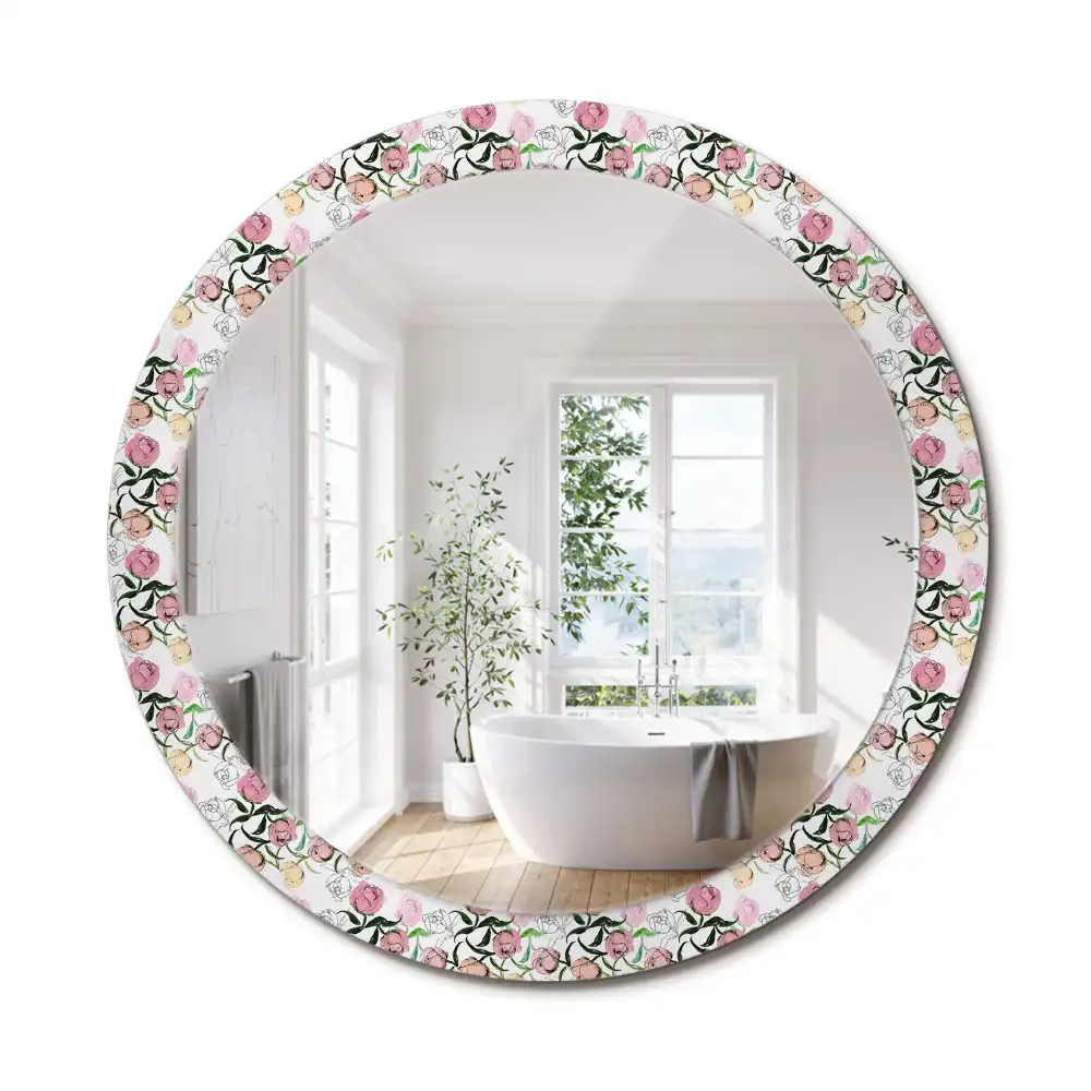 Miroir rond cadre imprimé boutons de pivoines
