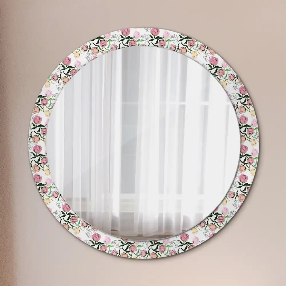 Miroir rond cadre imprimé boutons de pivoines