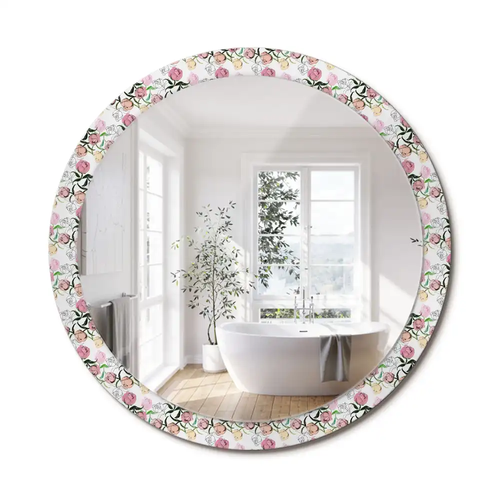 Miroir rond cadre imprimé boutons de pivoines