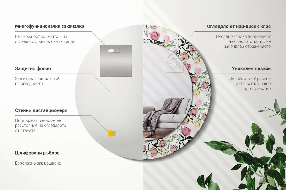 Miroir rond cadre imprimé boutons de pivoines