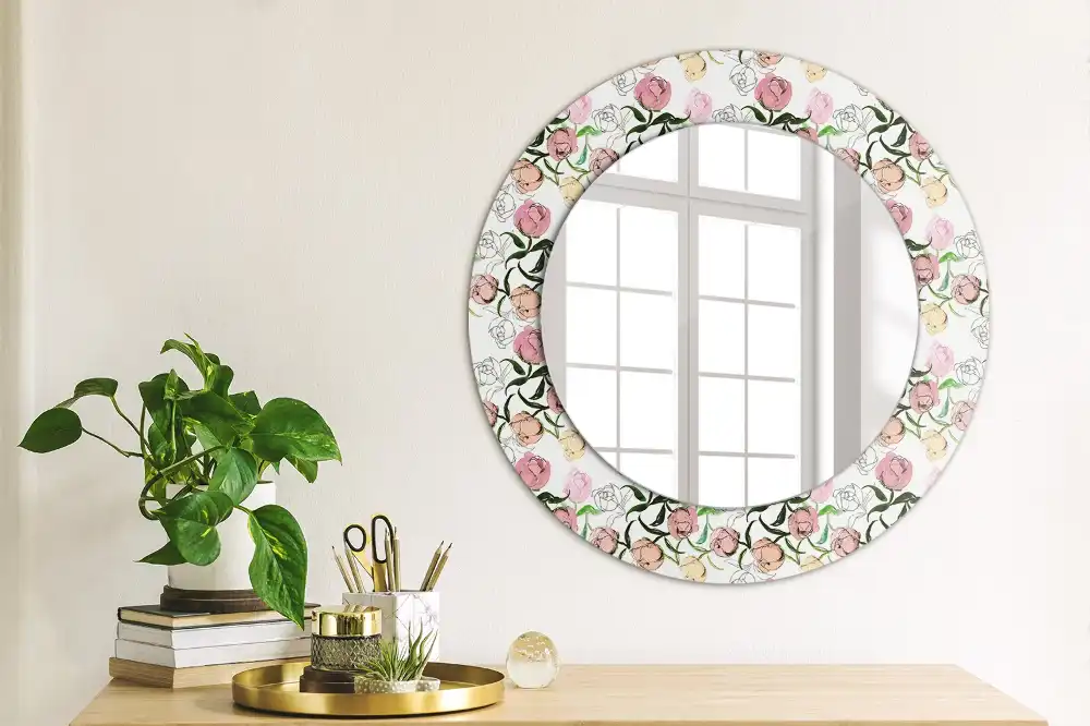Miroir rond cadre imprimé boutons de pivoines
