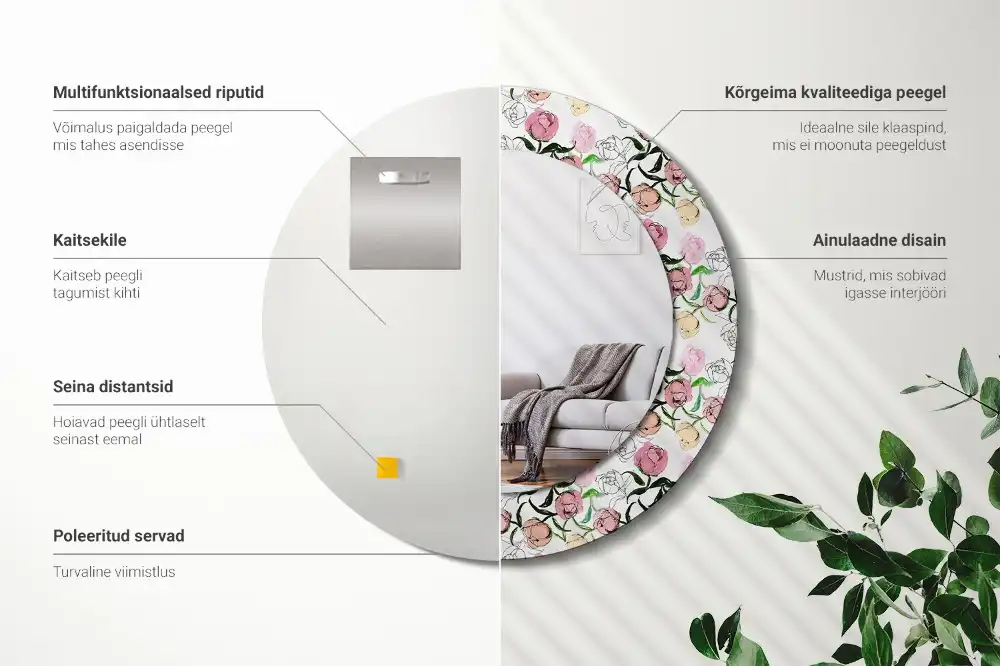 Miroir rond cadre imprimé boutons de pivoines