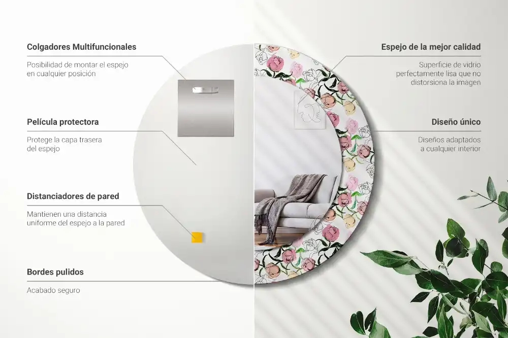 Miroir rond cadre imprimé boutons de pivoines