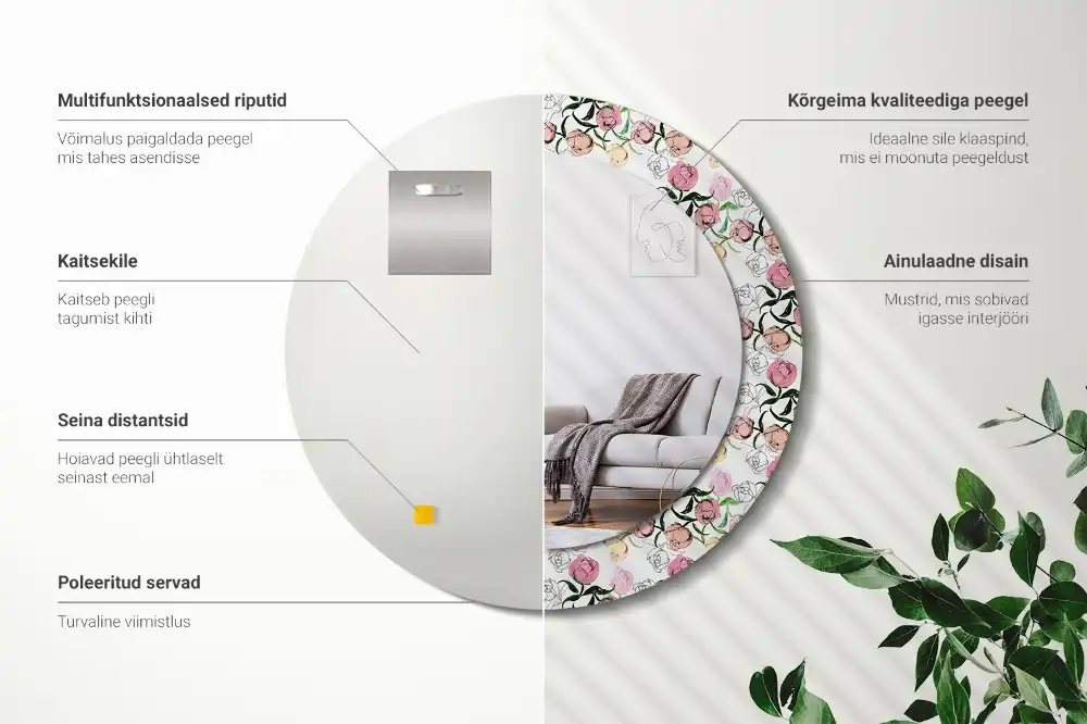 Miroir rond cadre imprimé boutons de pivoines