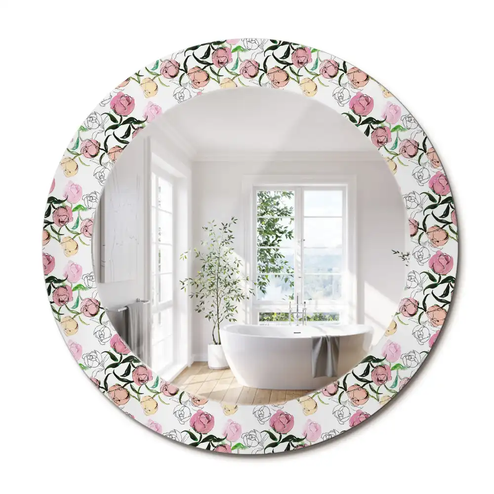 Miroir rond cadre imprimé boutons de pivoines