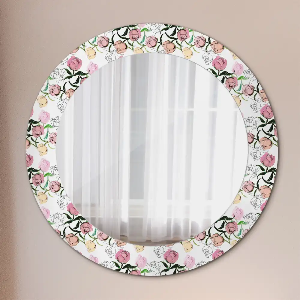 Miroir rond cadre imprimé boutons de pivoines