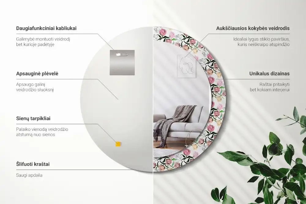 Miroir rond cadre imprimé boutons de pivoines