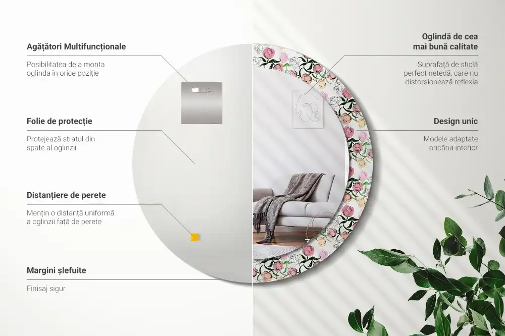 Miroir rond cadre imprimé boutons de pivoines