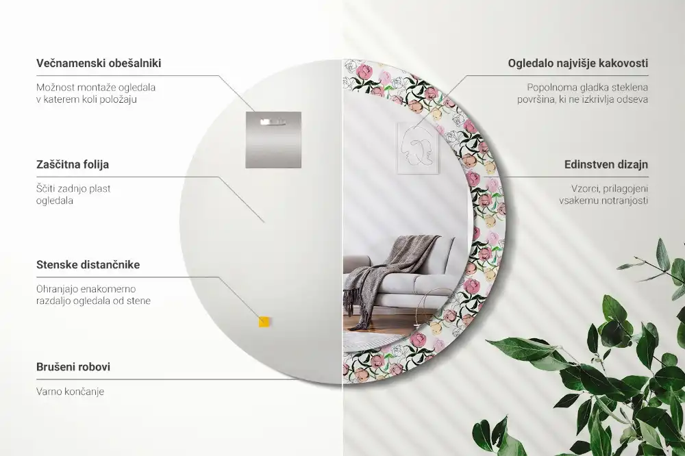 Miroir rond cadre imprimé boutons de pivoines
