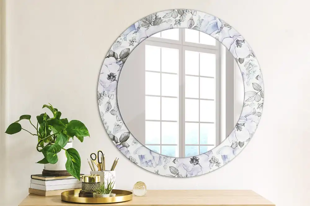 Miroir rond avec décoration roses bleu clair