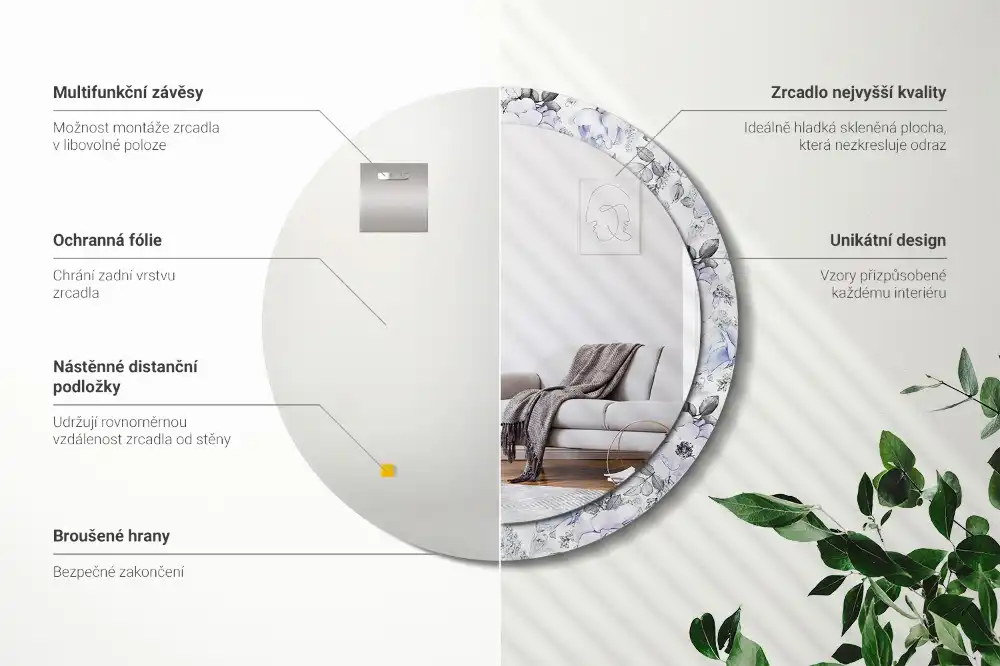 Miroir rond avec décoration roses bleu clair