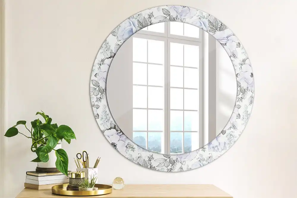 Miroir rond avec décoration roses bleu clair