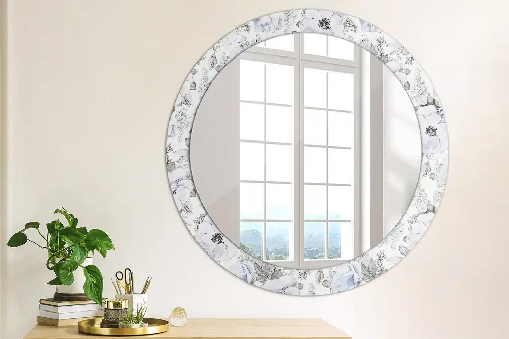 Miroir rond avec décoration roses bleu clair