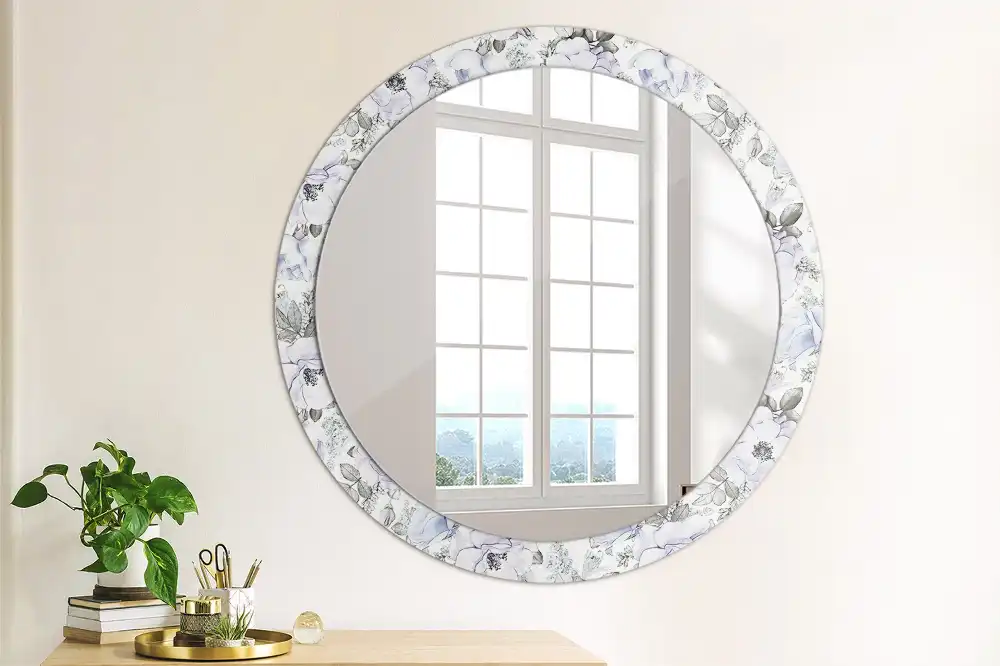 Miroir rond avec décoration roses bleu clair