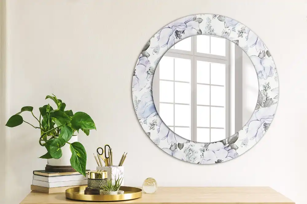 Miroir rond avec décoration roses bleu clair