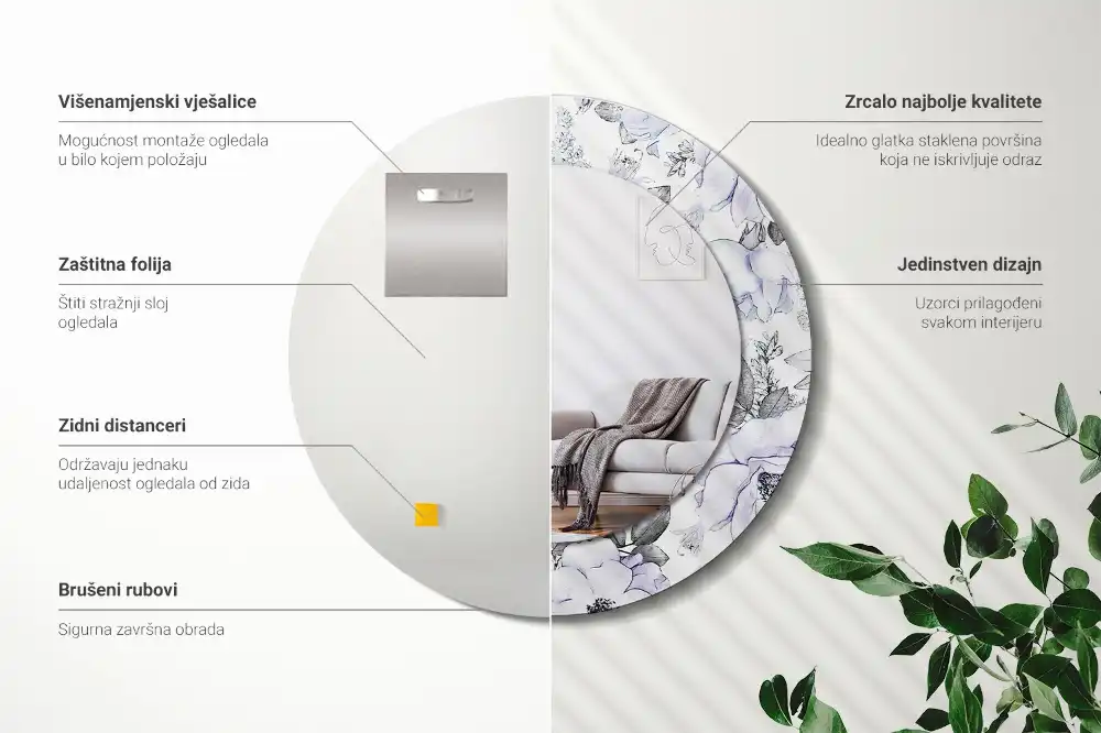 Miroir rond avec décoration roses bleu clair