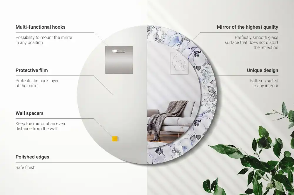 Miroir rond avec décoration roses bleu clair