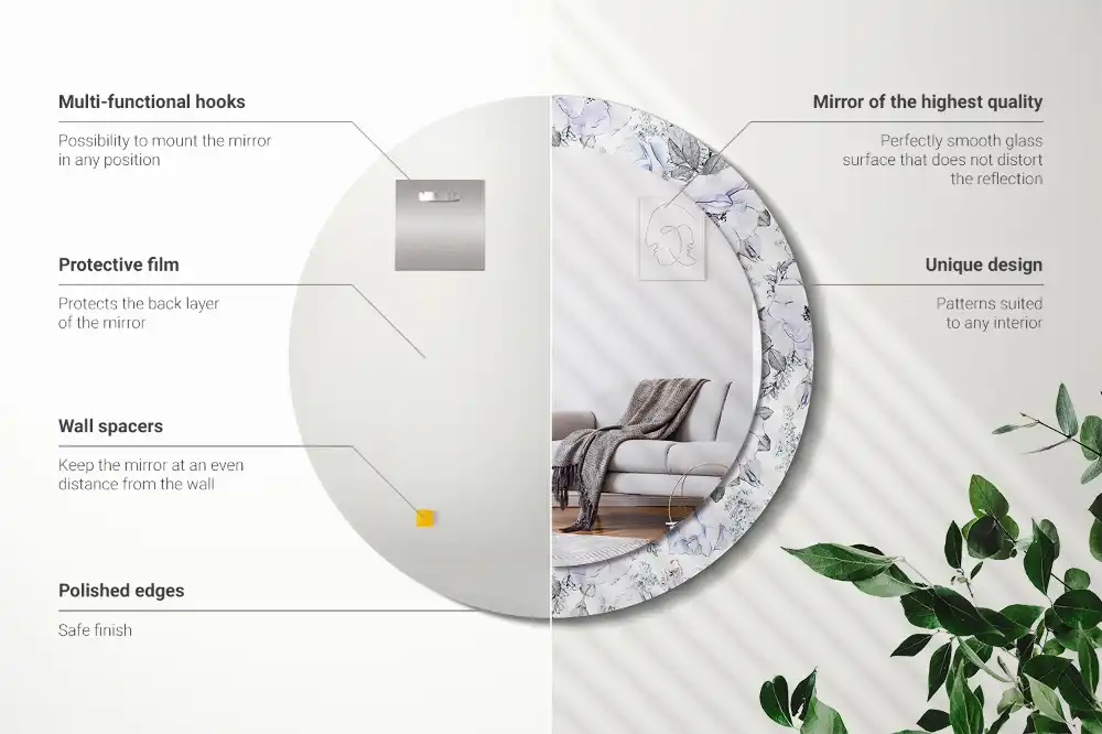 Miroir rond avec décoration roses bleu clair