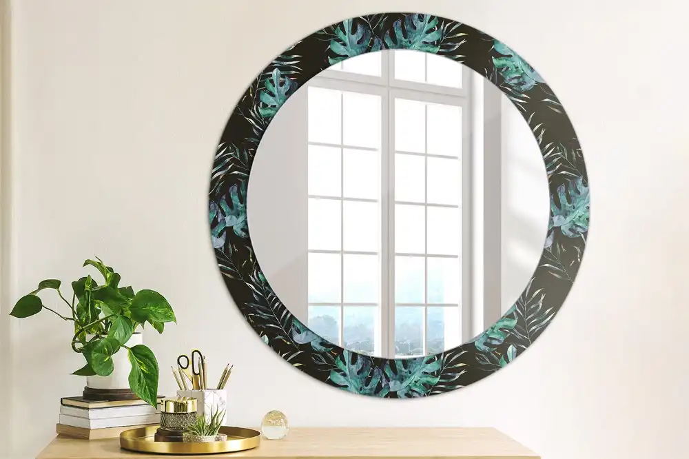 Miroir rond avec décoration feuilles exotiques