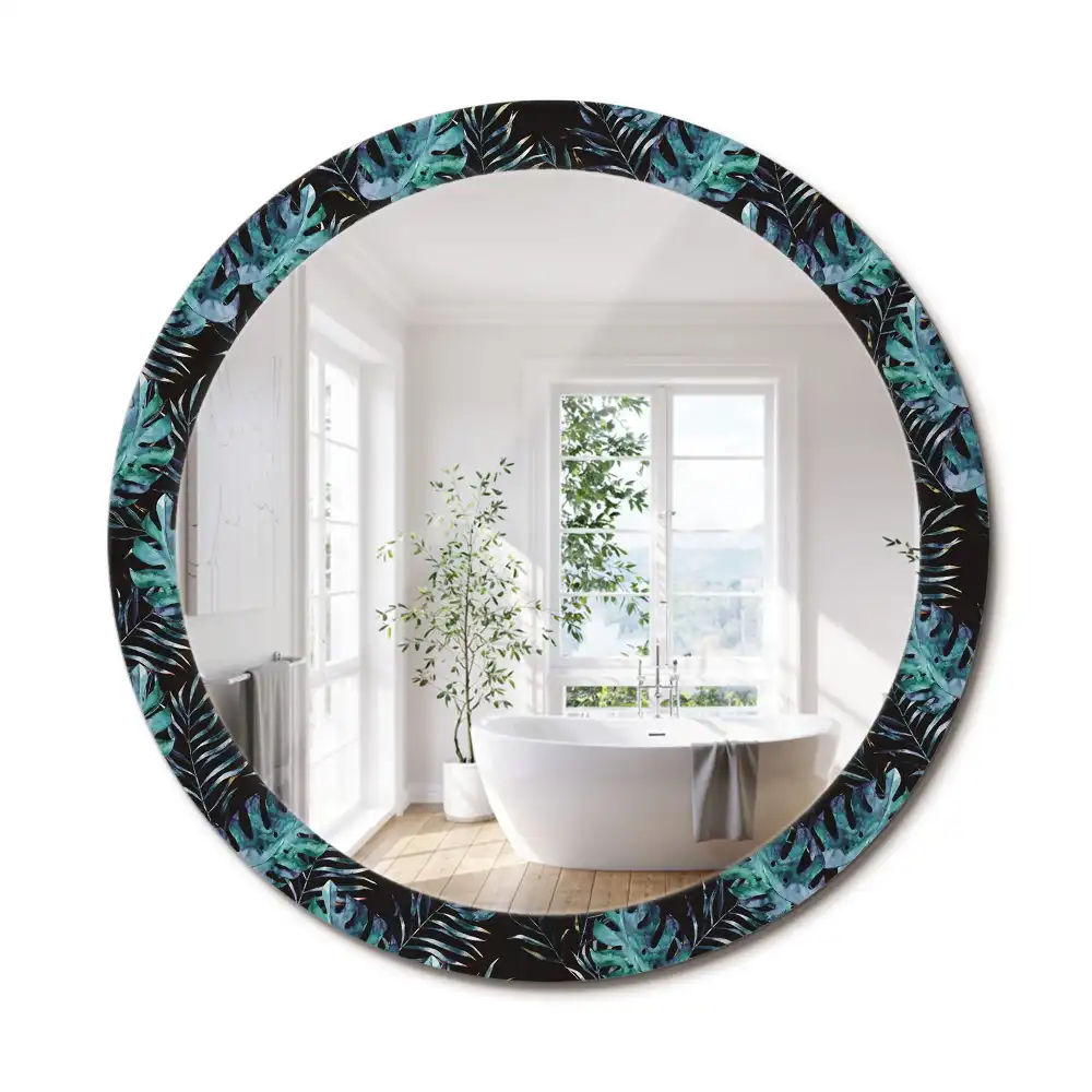 Miroir rond avec décoration feuilles exotiques