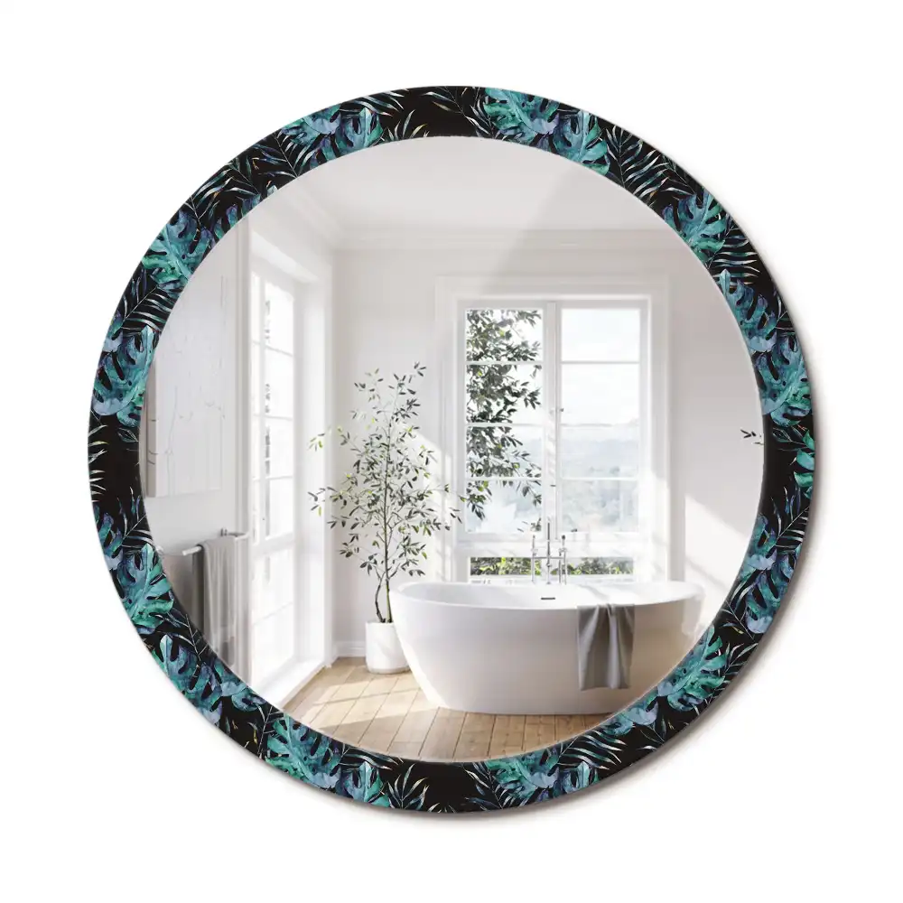 Miroir rond avec décoration feuilles exotiques