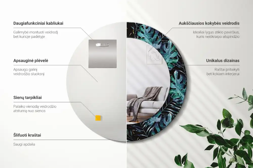 Miroir rond avec décoration feuilles exotiques