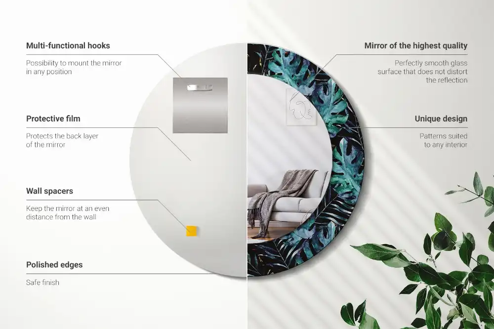 Miroir rond avec décoration feuilles exotiques