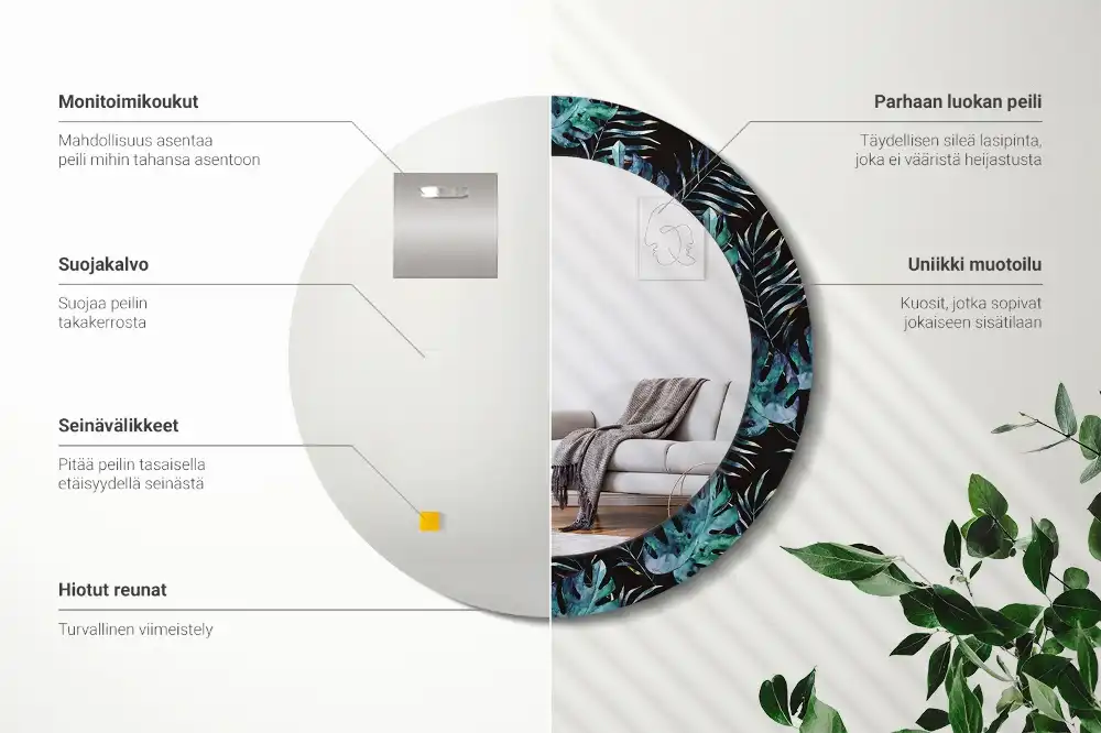 Miroir rond avec décoration feuilles exotiques
