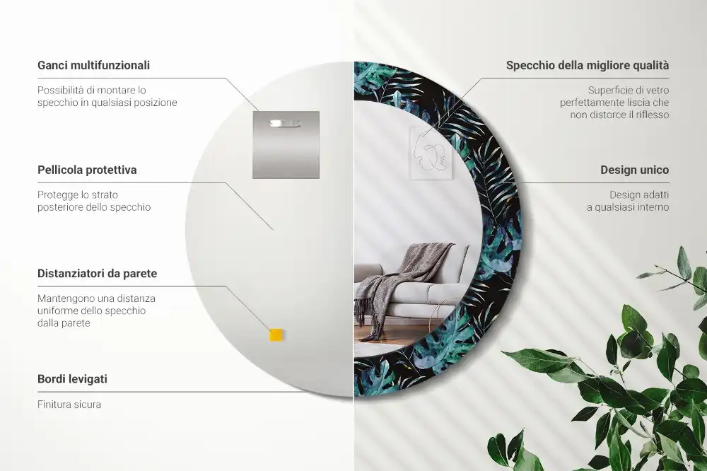 Miroir rond avec décoration feuilles exotiques