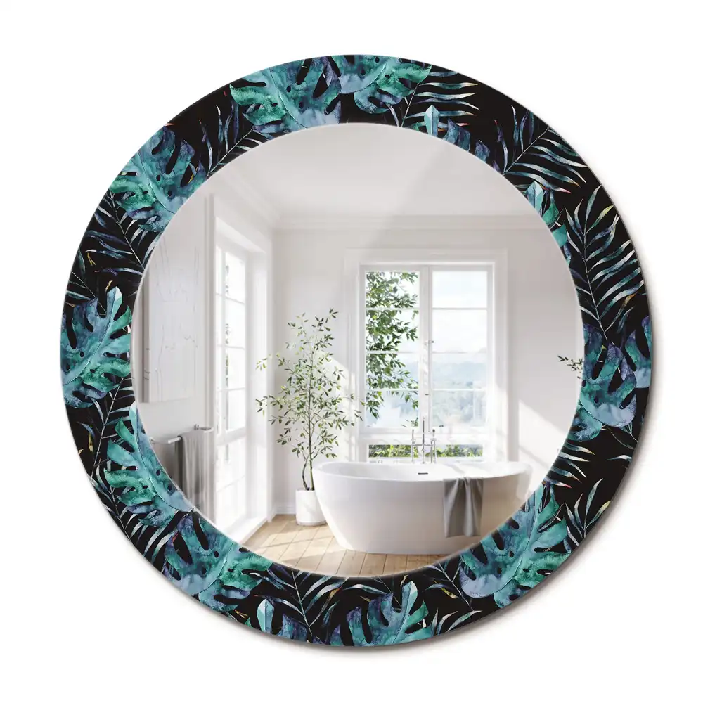 Miroir rond avec décoration feuilles exotiques