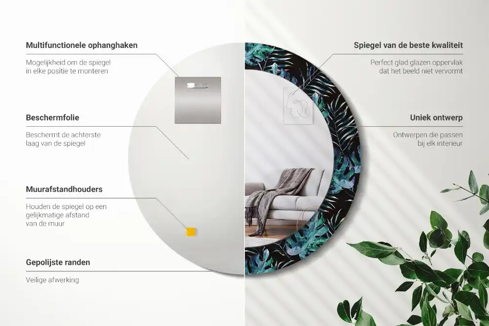Miroir rond avec décoration feuilles exotiques